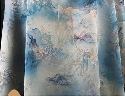 Ancient Mountain Tea Silk Satin Fabric: Digital Print Drapery, 59"W