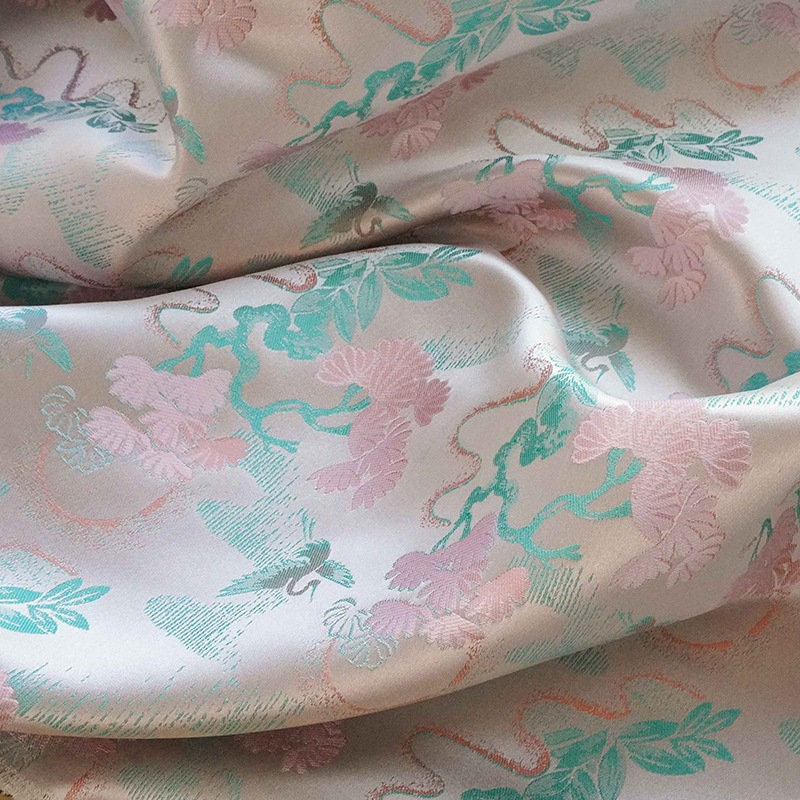 Beige Song Brocade Fabric: Wishful Crane Pattern Silk Rayon