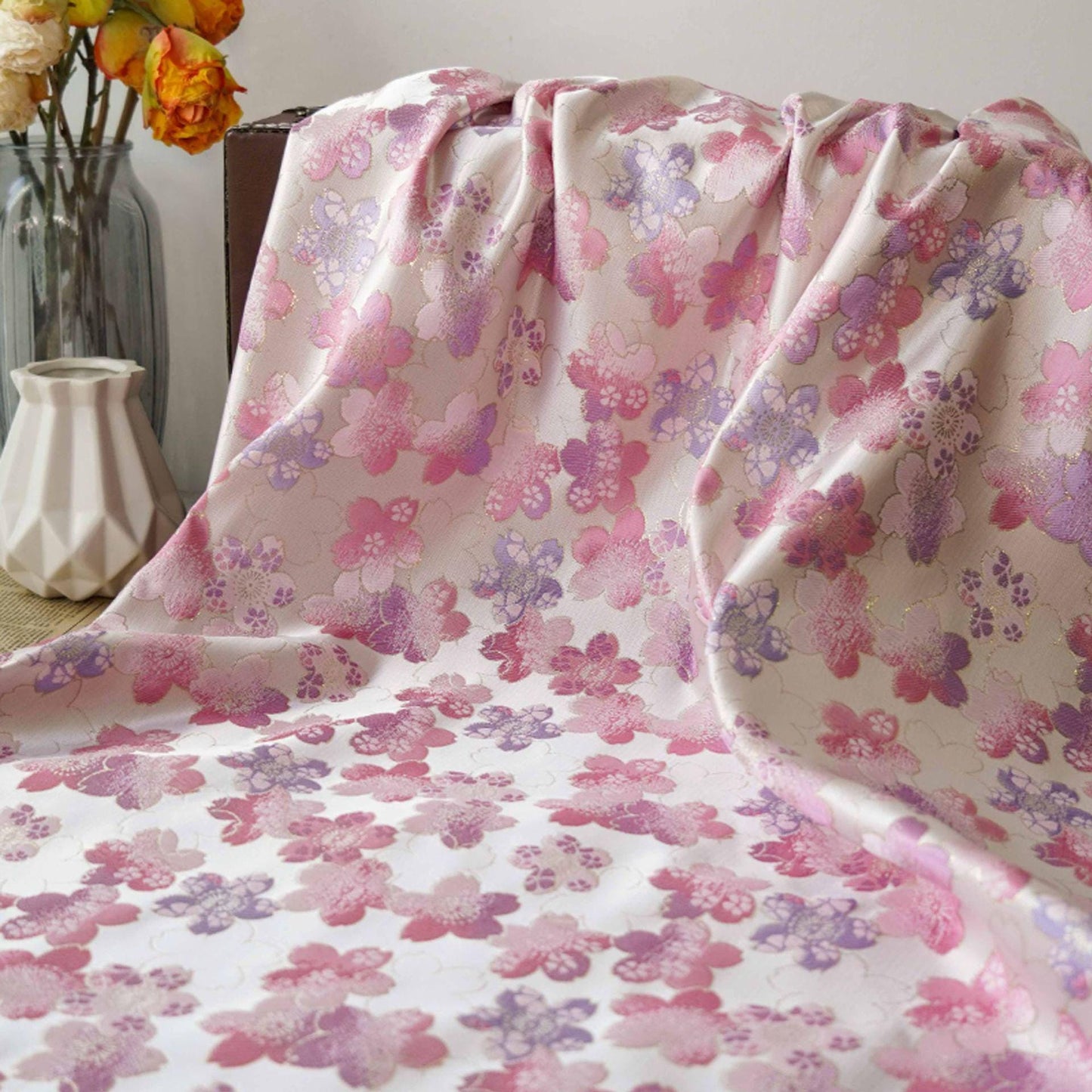 Sakura Silk Brocade Fabric: Japanese Floral Decor, 65" Wide