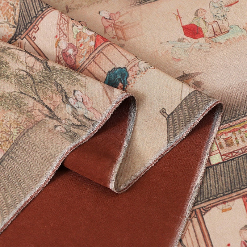 Dream of Red Mansions Satin Fabric: 59"W Digital Print for Sewing & Decor