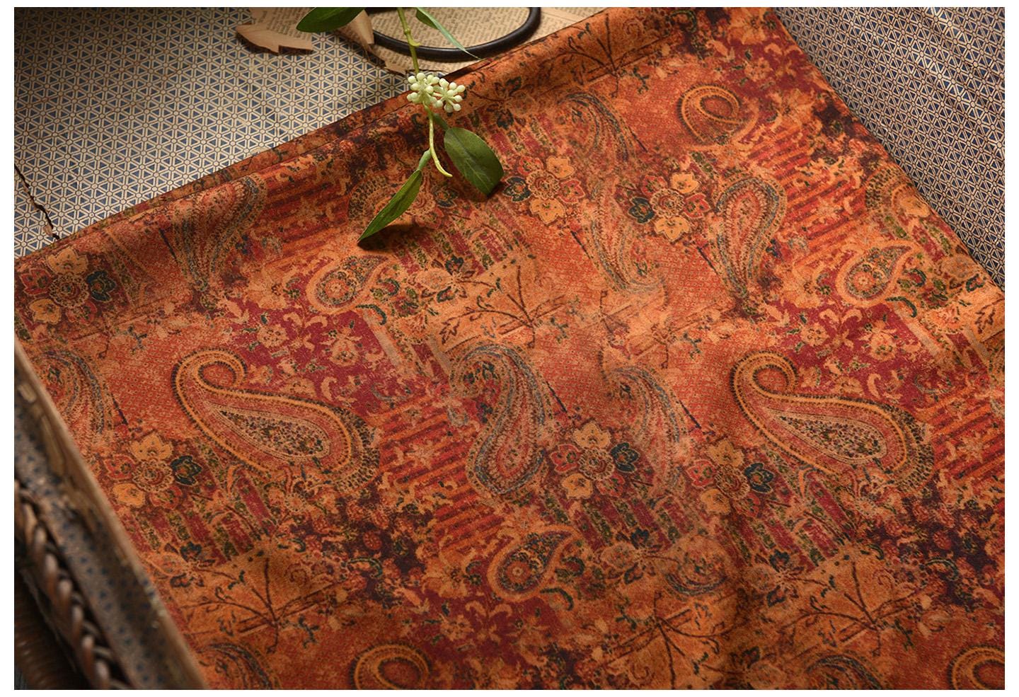 Dunhuang Pattern Cotton Sateen Fabric: Drapery, Upholstery, Costume - 55"W