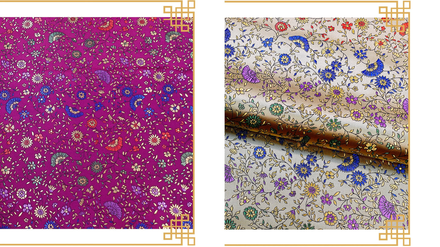 Tissu brocart de soie : motif pivoine festonnée, 114 cm de large