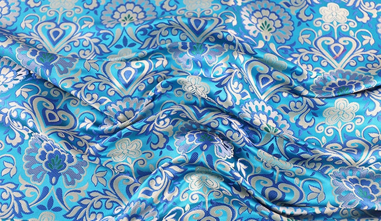 Blue Brocade Fabric: Chinese Mongolian Style Rayon Jacquard (29.5" Wide)