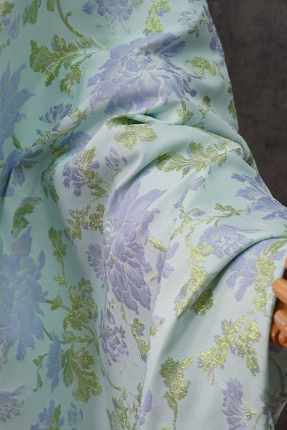 Blue Floral Jacquard Fabric with Gold Foil: 63" Wide Upholstery Fabric