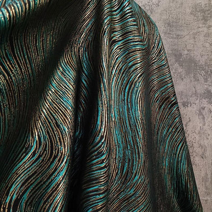 Jacquard Fabric - Ripple Texture with Gold Stripes, 60" Wide