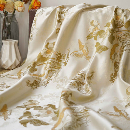 Floral Bird Print Fabric: Gold Thread Woven Polyester, 59" Wide