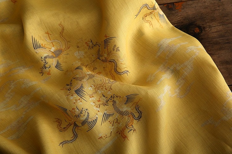 Yellow Dragon Phoenix Print Ramie Fabric: 57" Wide