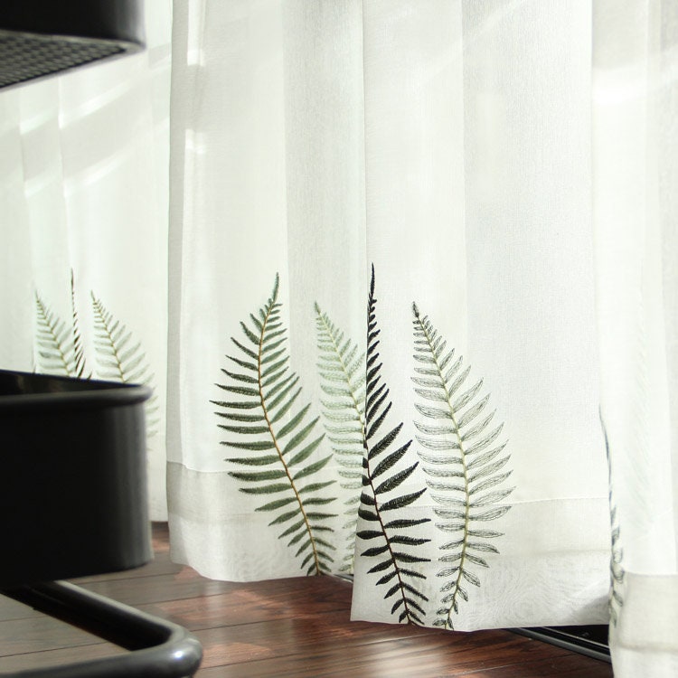 White Linen Blend Curtain Fabric: Fern Embroidery, Light Filtering