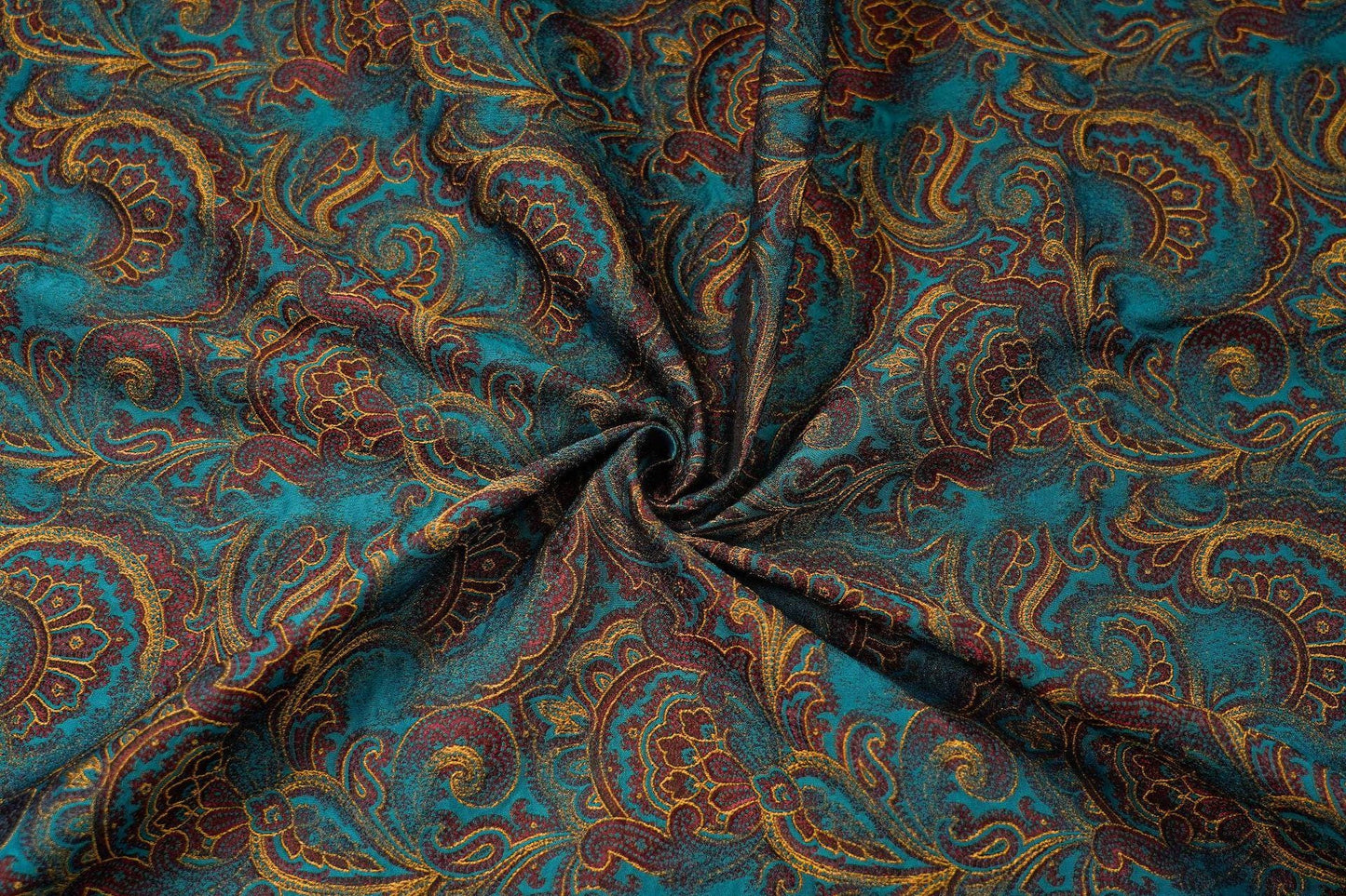 Lurex Jacquard Fabric: Lake Blue Paisley Woven Upholstery, Sewing, Drapery (62"W)