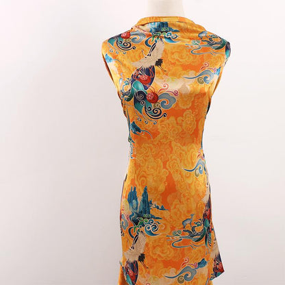Phoenix Flower Tea Silk Fabric: Digital Print Upholstery, Costume, Drapery (59"W)