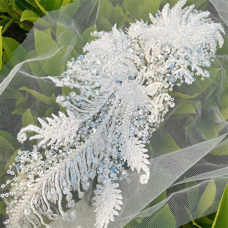 Embroidered Lace Trim: Light Ivory Bridal Wedding Veil Fabric, Sequins (By Yard)