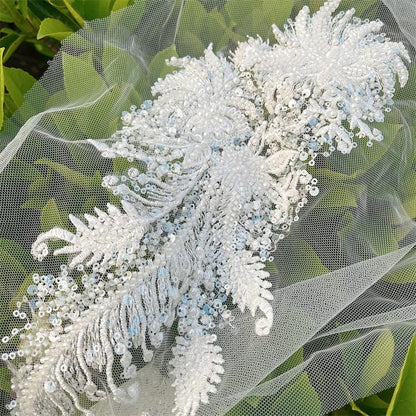 Embroidered Lace Trim: Light Ivory Bridal Wedding Veil Fabric, Sequins (By Yard)