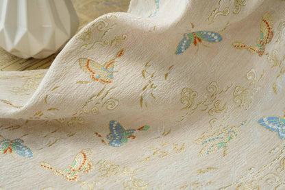 Beige Chenille Jacquard Fabric: Butterfly Foil Upholstery, Costume, Decor