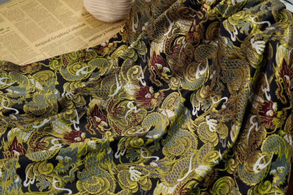59"W Nishijin Chinese Dragon Brocade Fabric: Modern Jacquard Rayon Silk by Meter