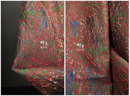 Gold Thread Jacquard Fabric: Red Blue 3D Designer Fabric (55"W By 1 Meter)