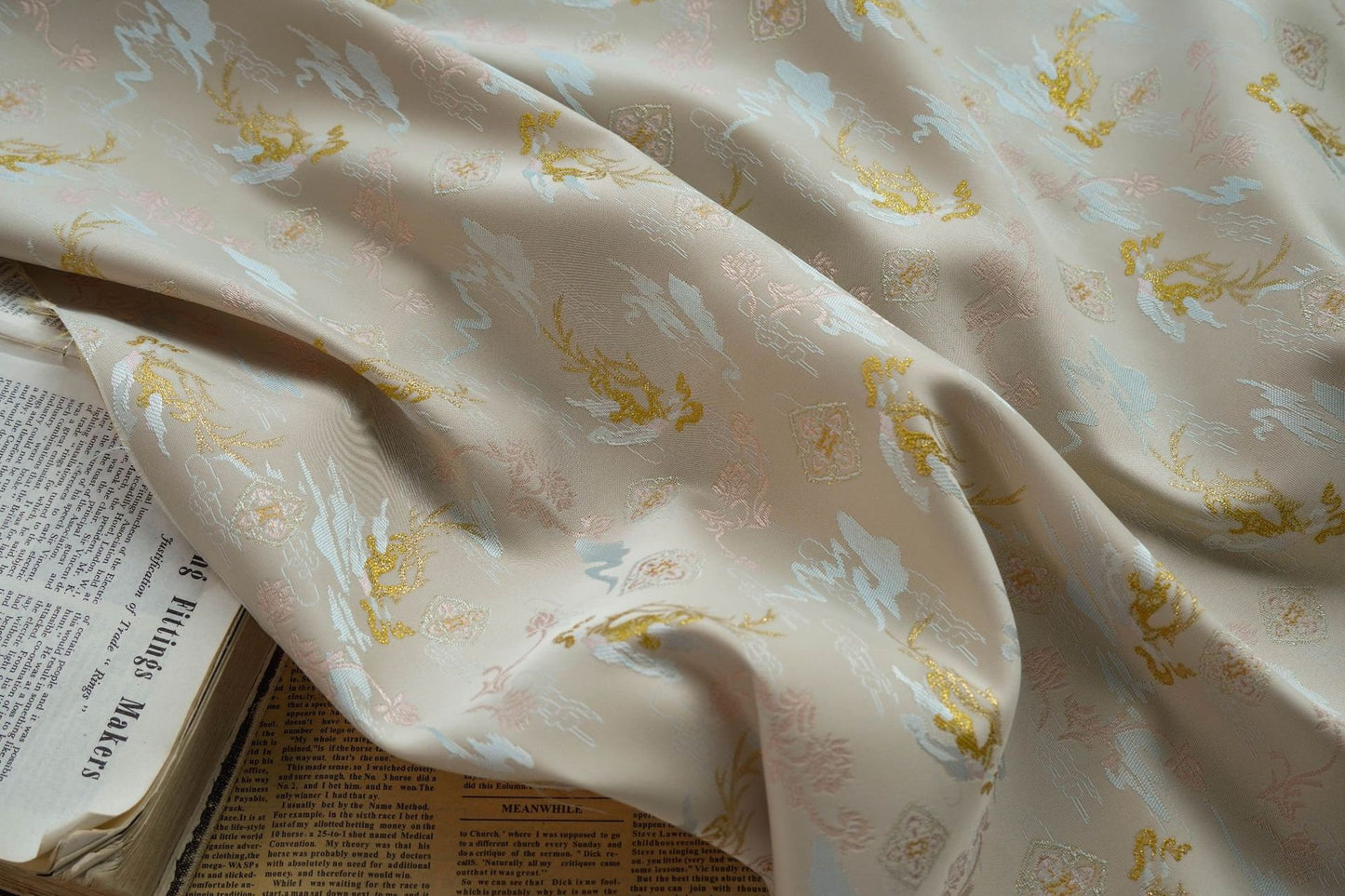 Reversible Floral Jacquard Fabric: Gold Thread Embossed Upholstery, 63"W