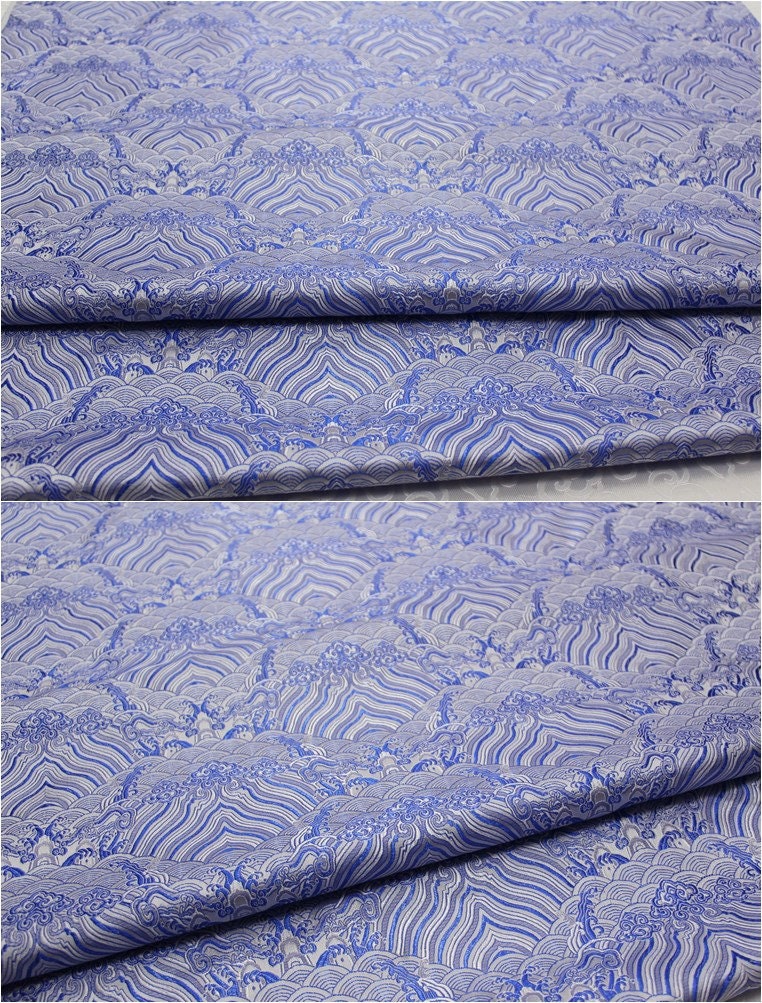 Tissu brocart de soie et rayonne à motif vagues océaniques : Jacquard traditionnel (29,5 po/75 cm)