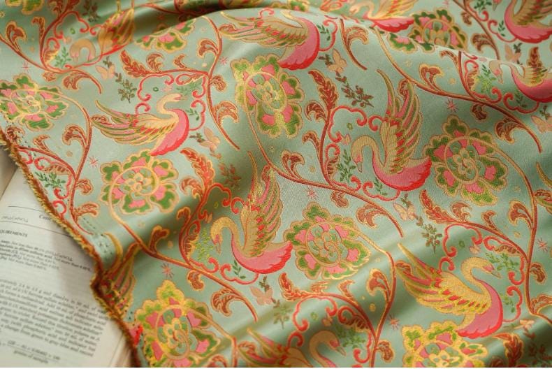 Swan Jacquard Fabric: 64"W Damask Upholstery Fabric - By The Meter