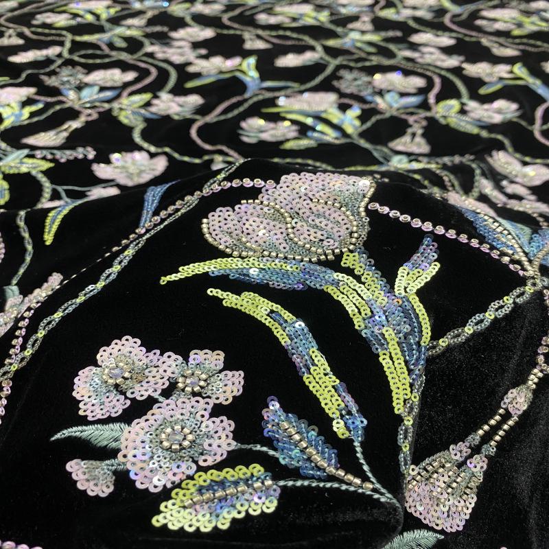 Beaded Floral Velvet Fabric: 43"W Embroidery Designer Material