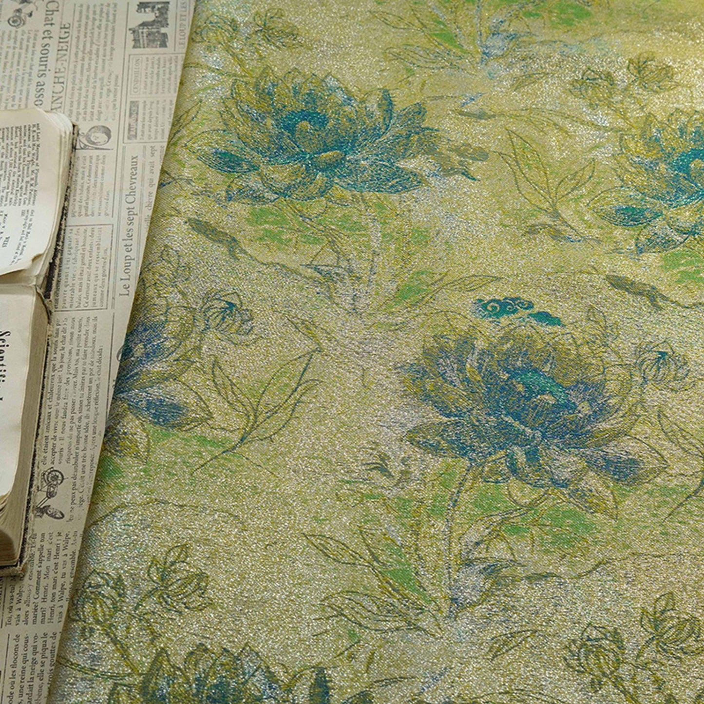 Gold Thread Jacquard Fabric: Green Lotus Upholstery & Dress Sewing (60" W, By The Meter