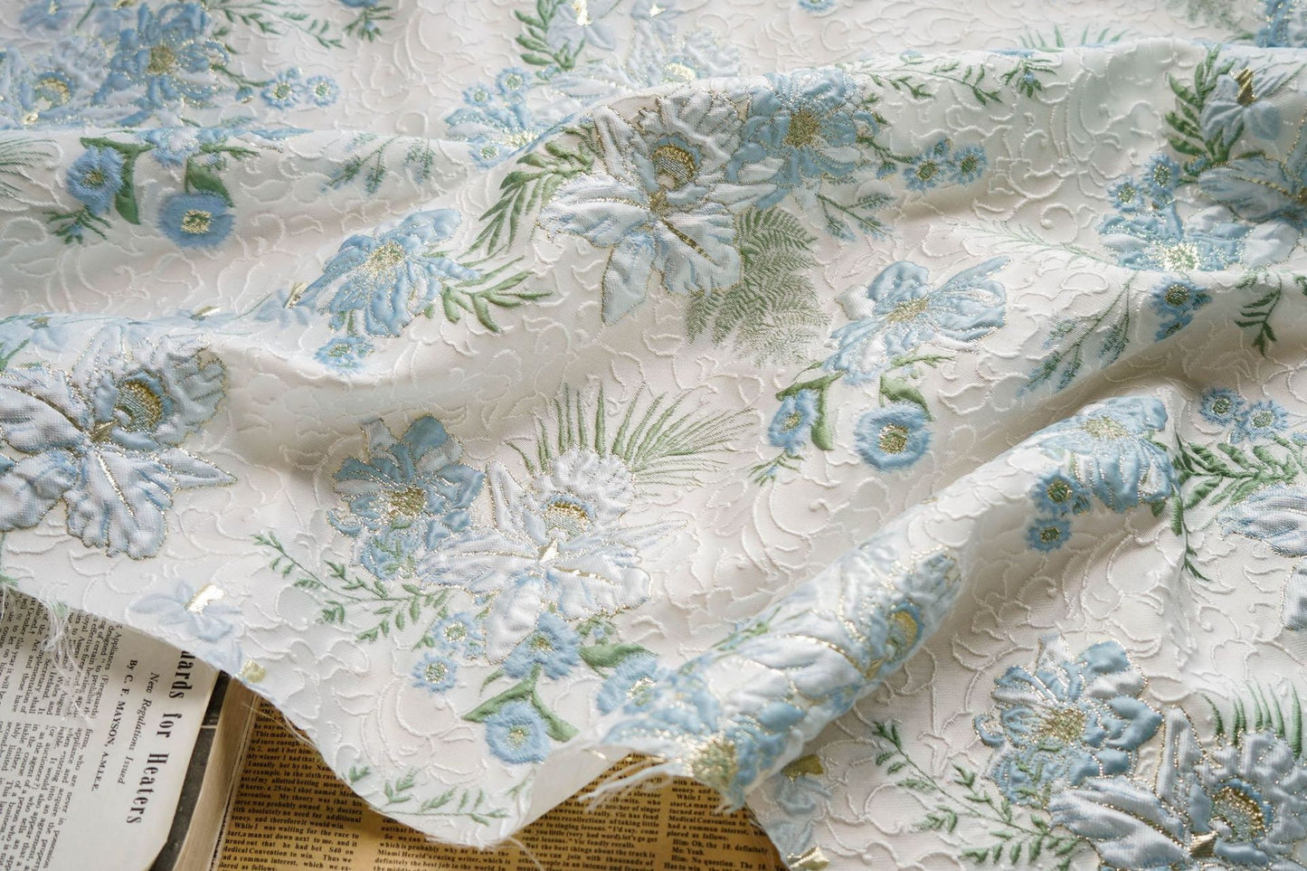 Floral Jacquard Fabric: Gold Thread, 3D Butterfly Texture, 55" Wide