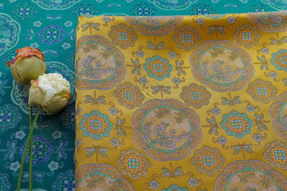 Tibetan Brocade Fabric by the Yard | Rayon Satin with Lotus Flower Embroidery | 58" Wide