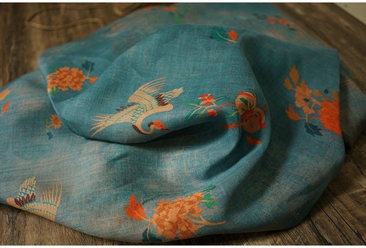 Tissu ramie bleu sarcelle : imprimé floral de grues, pour la confection d'un cheongsam qipao, 140 cm de large
