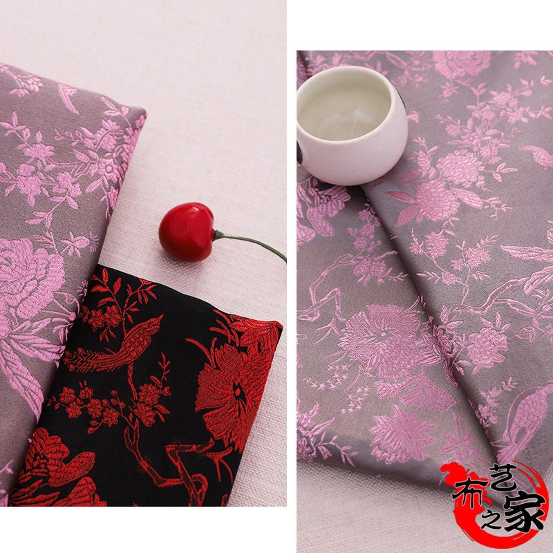 Tissu brocart Oiseaux sauvages et Azalées : Tissu pour coussin Cheongsam Qipao (largeur 59")