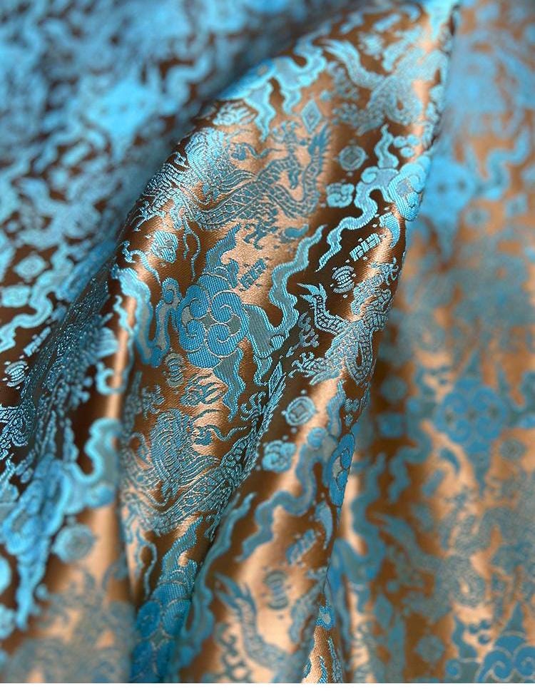 Tissu brocart bleu sarcelle à motif de dragon chinois : mélange de soie et de rayonne, 75 cm de large