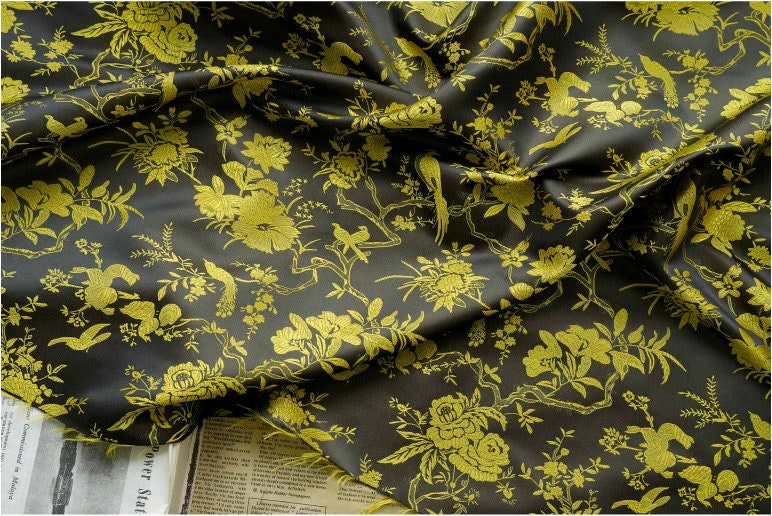 Black Gold Chinese Brocade Fabric Wild Bird and Azalea Cushion cover, pillow case, cheongsam, Qipao, Upholstery, Costume, bag, Sewing/Fabric