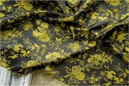 Black Gold Chinese Brocade Fabric Wild Bird and Azalea Cushion cover, pillow case, cheongsam, Qipao, Upholstery, Costume, bag, Sewing/Fabric