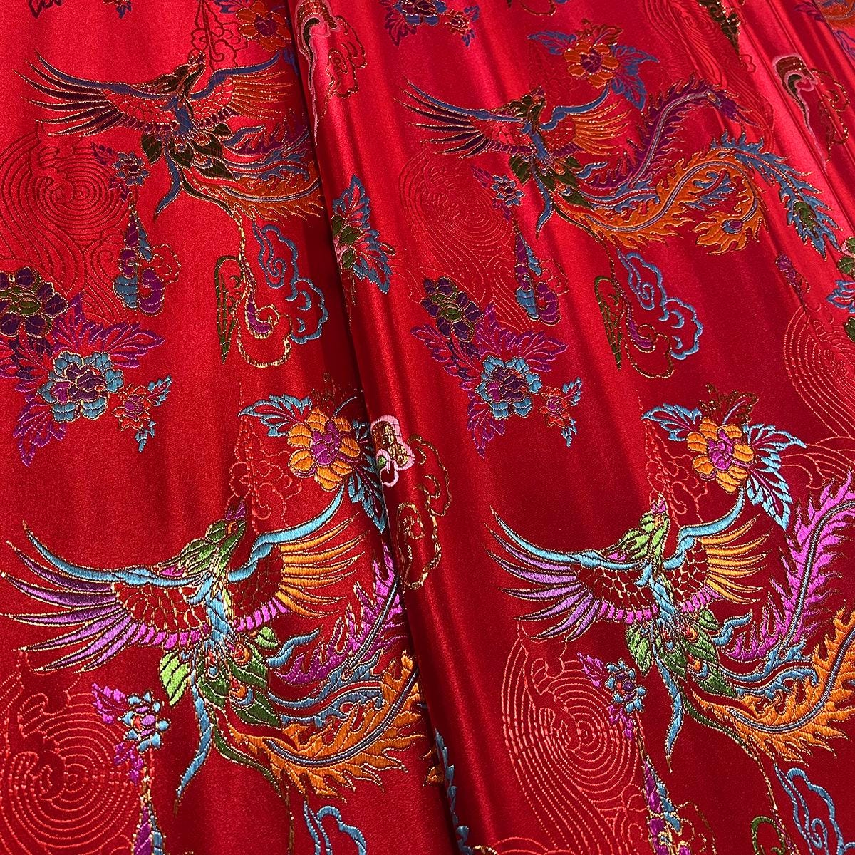 Tissu brocart Red Phoenix : satin de soie damassé cheongsam chinois, 75 cm de large