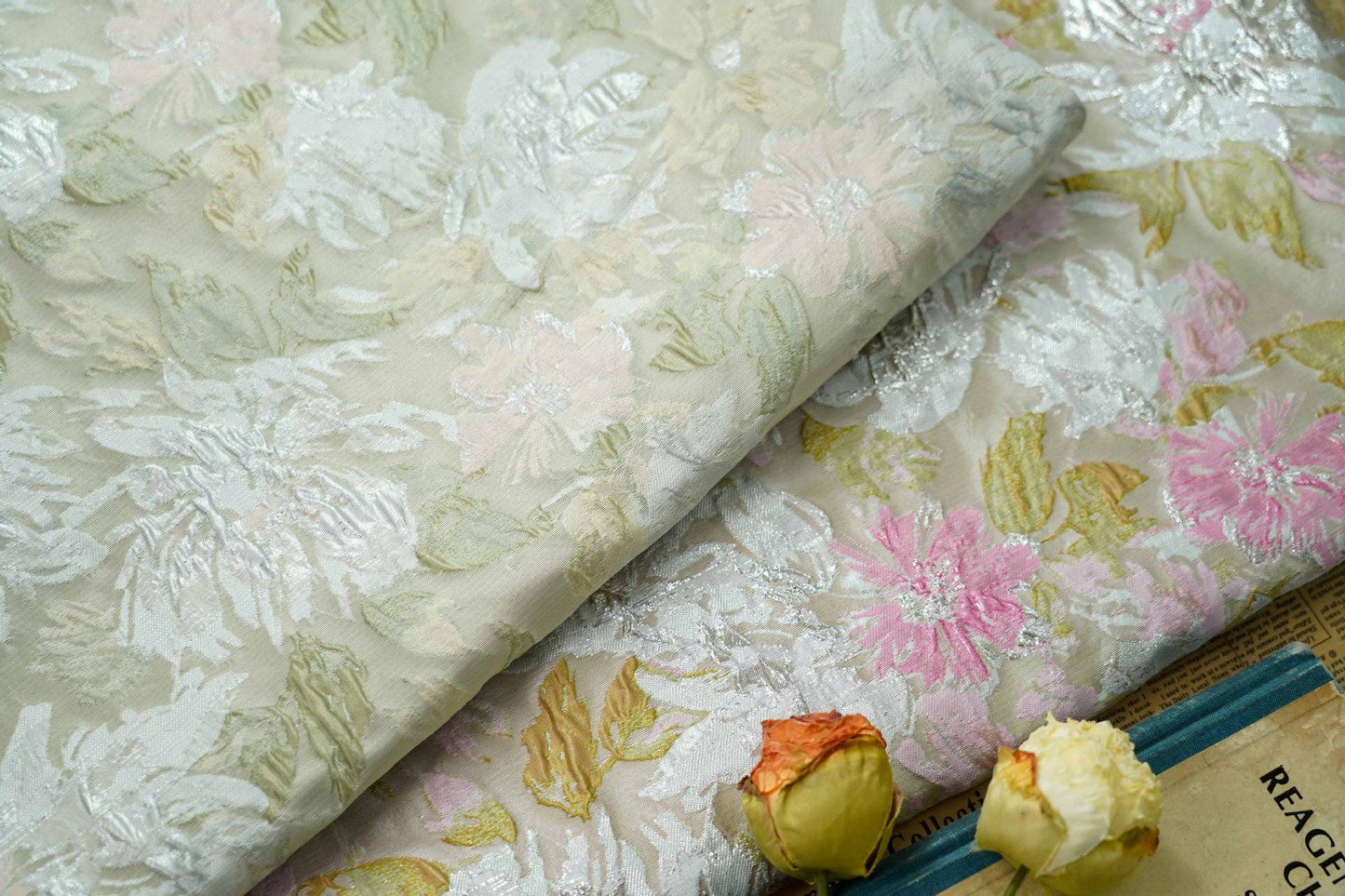 Gold Thread Floral Jacquard Fabric: Shimmering Embossed Weave, 55"W