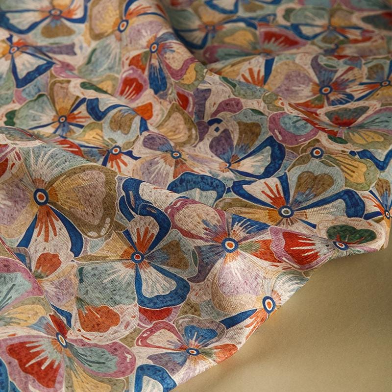 Tissu ramie Tencel à motif floral : imprimé coloré, matériau pour la confection de vêtements (59 pouces)