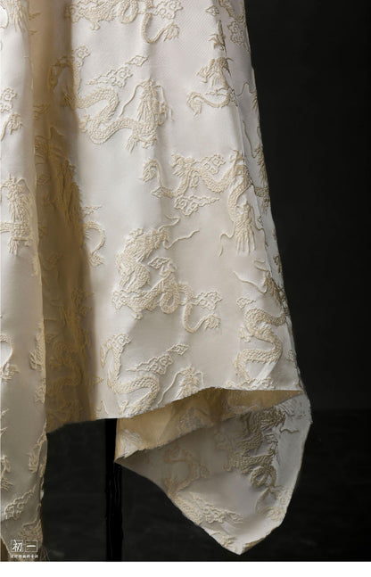 Apricot Satin Dragon Jacquard Fabric: Chinese Style Cheongsam Hanfu