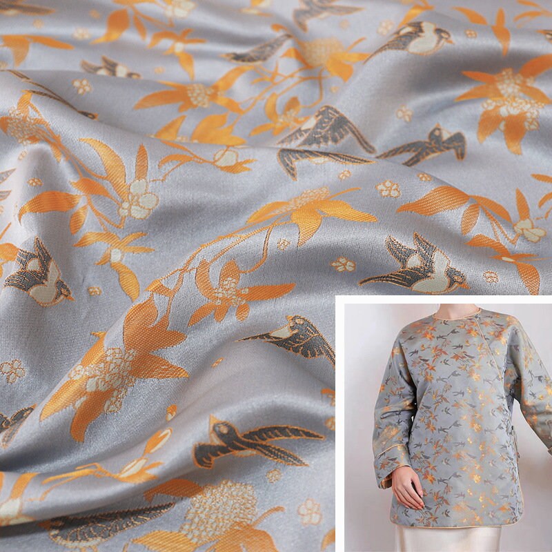 Song Brocade Fabric: 59"W Silk Rayon Damask with Bird Design