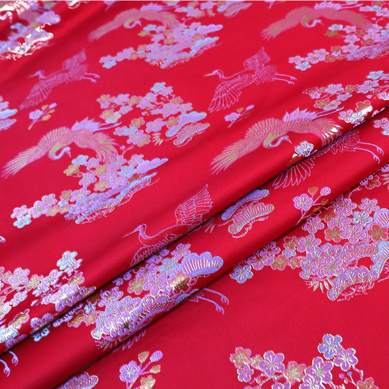 Gold Thread Jacquard Fabric: Floral Crane Design, 59" Wide