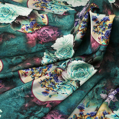 Tissu satiné bleu paon à motifs floraux : tissu à coudre imprimé numériquement, 150 cm de large