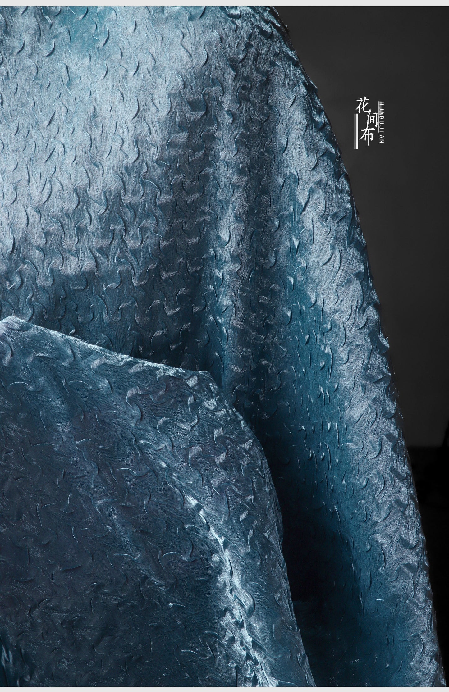 Sea Blue Crepe Mesh Fabric, 3D Wavy Pleated Designer Fabric