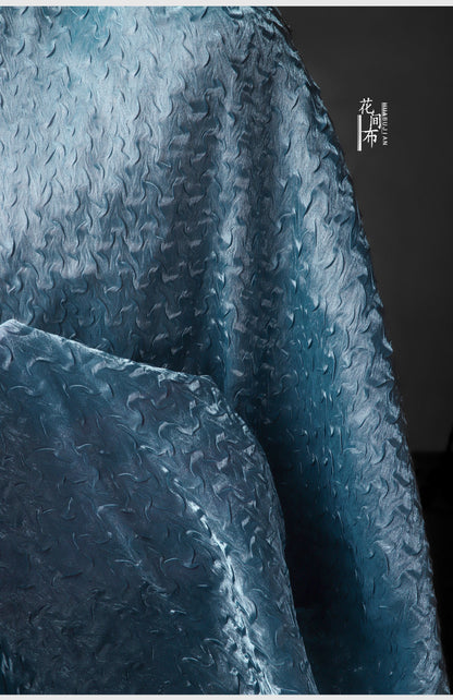 Sea Blue Crepe Mesh Fabric, 3D Wavy Pleated Designer Fabric