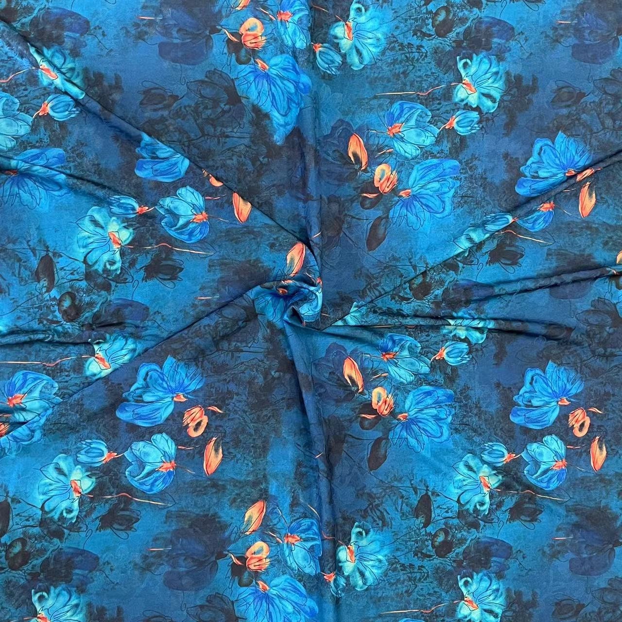 Floral Teal Blue Tea Silk Satin Fabric: 59"W Upholstery & Costume