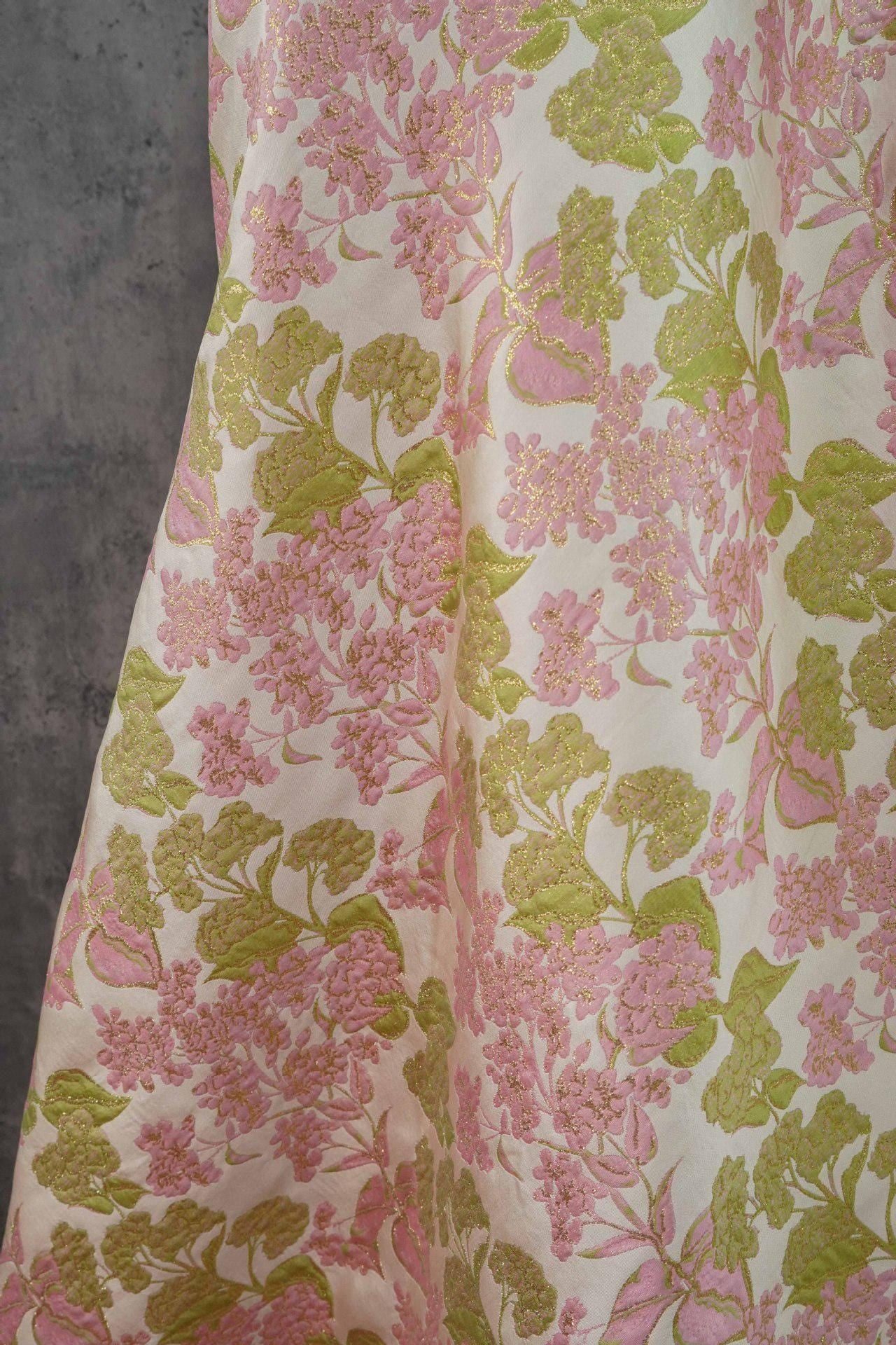 Pink Floral Jacquard Brocade Fabric with Gold Thread, 58" Wide