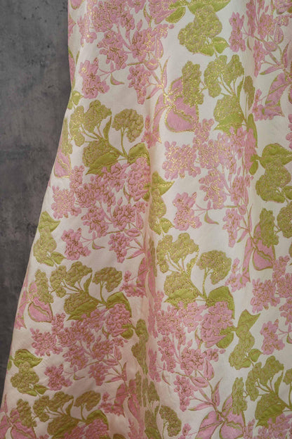 Pink Floral Jacquard Brocade Fabric with Gold Thread, 58" Wide
