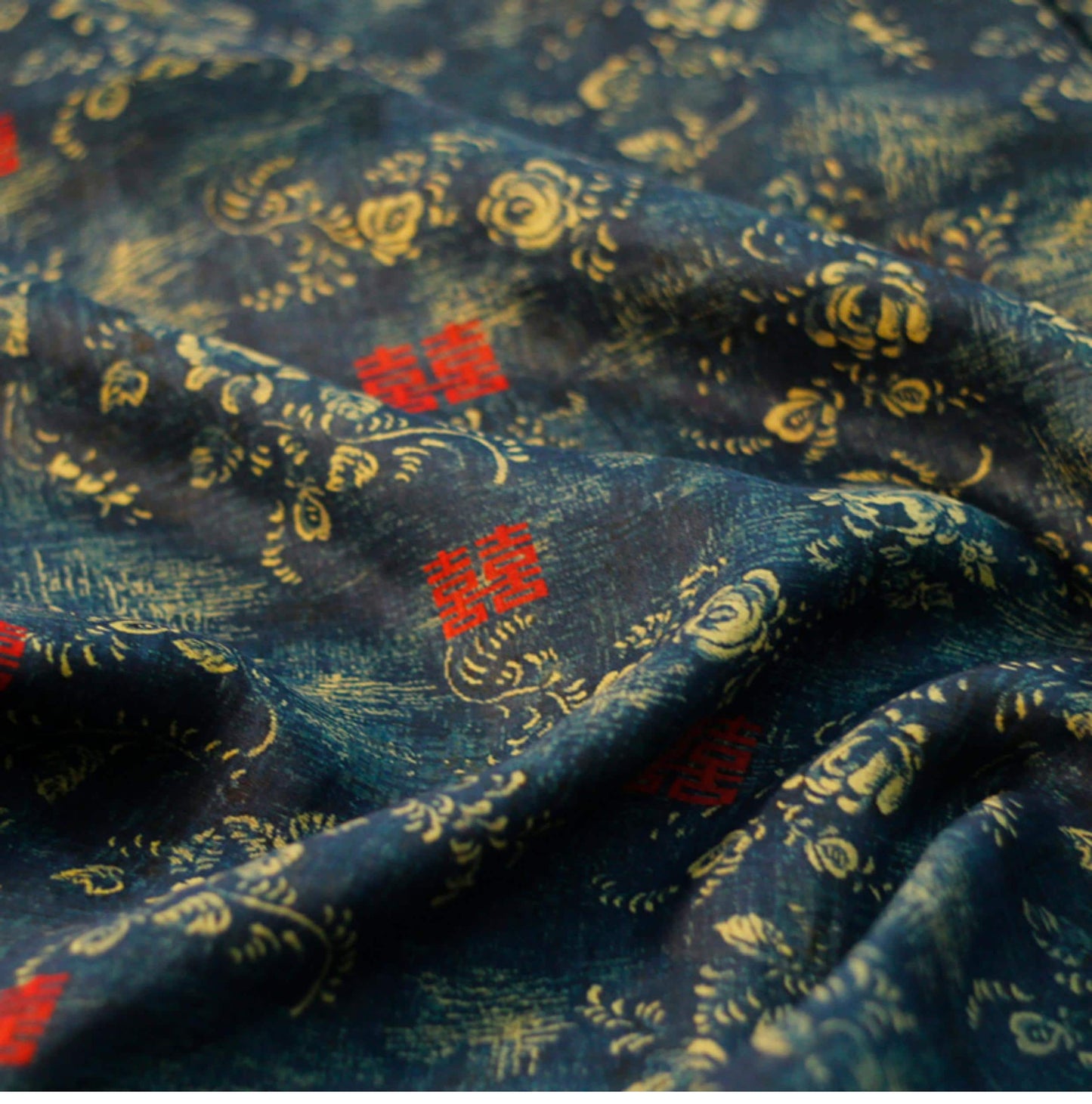 Tissu ramie à imprimé floral turquoise : teinture végétale naturelle (57 po L)