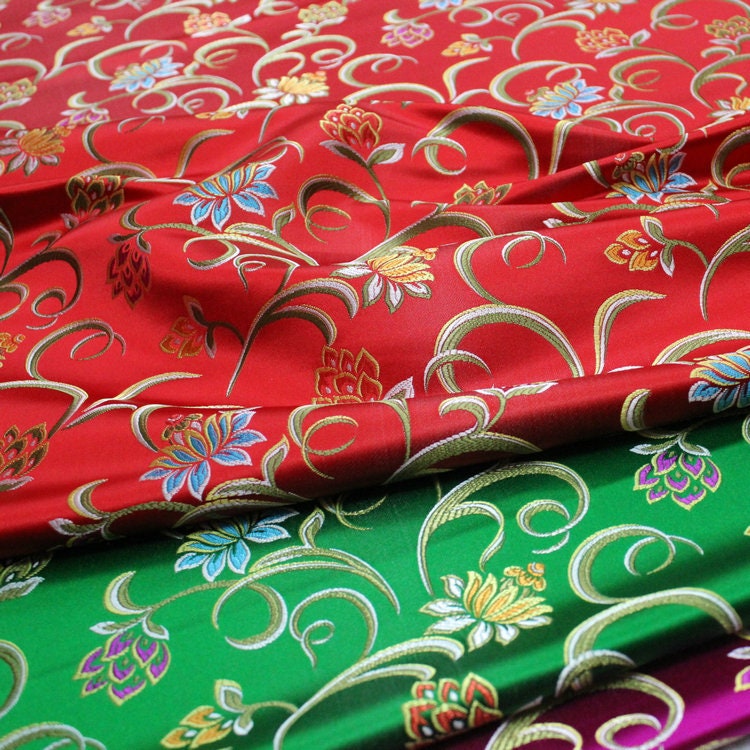 Lotus Jacquard Silk Brocade Fabric: Red, Green, Hot Pink - 29.5" Width