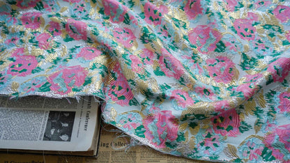 Gold Thread Woven Jacquard Fabric: 3D Embossed Floral, 59"W