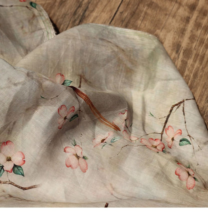 Tissu ramie au mètre : imprimé floral et oiseaux, textile doux et respirant