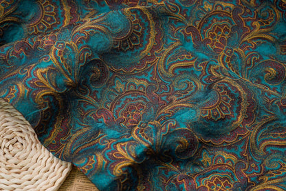 Lurex Jacquard Fabric: Lake Blue Paisley Woven Upholstery, Sewing, Drapery (62"W)