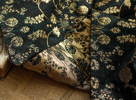 Vintage Dark Green Floral Jacquard Fabric: 3D Designer Upholstery, Costume - 57"W