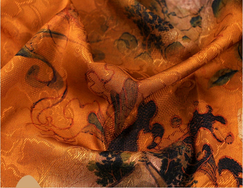 Tissu satin de soie thé : gaze cantonaise imprimée numériquement de 150 cm de large